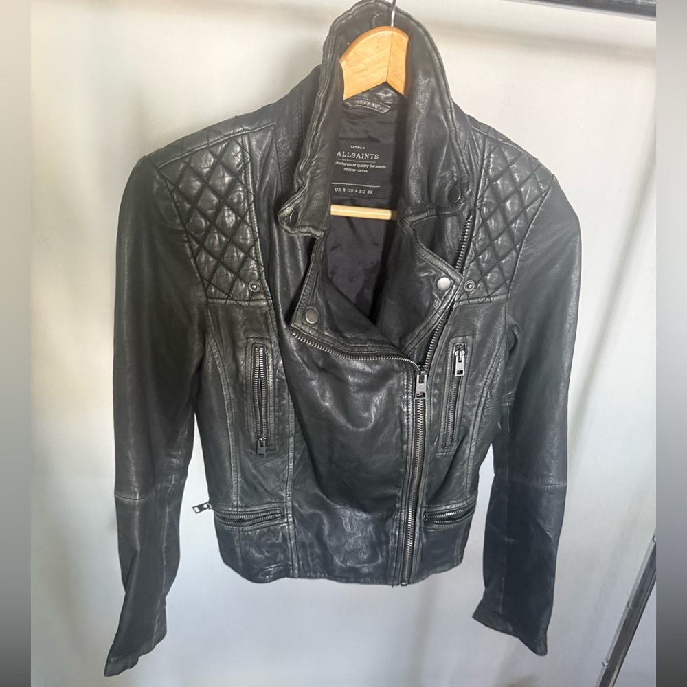 All Saints Quilted Black Leather Jacket